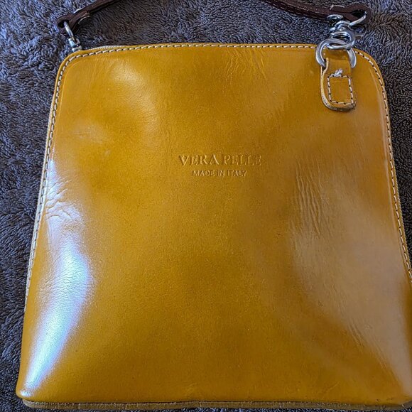 Vera Pelle Made in Italy Leather Crossbody Bag Yellow Small Purse Zip Shoulder - Picture 2 of 15